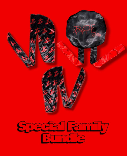 Family Pack (Black/Red) Adult sized Bonnet (1), Adult sized Durag (1), Kids sized Durag (1)